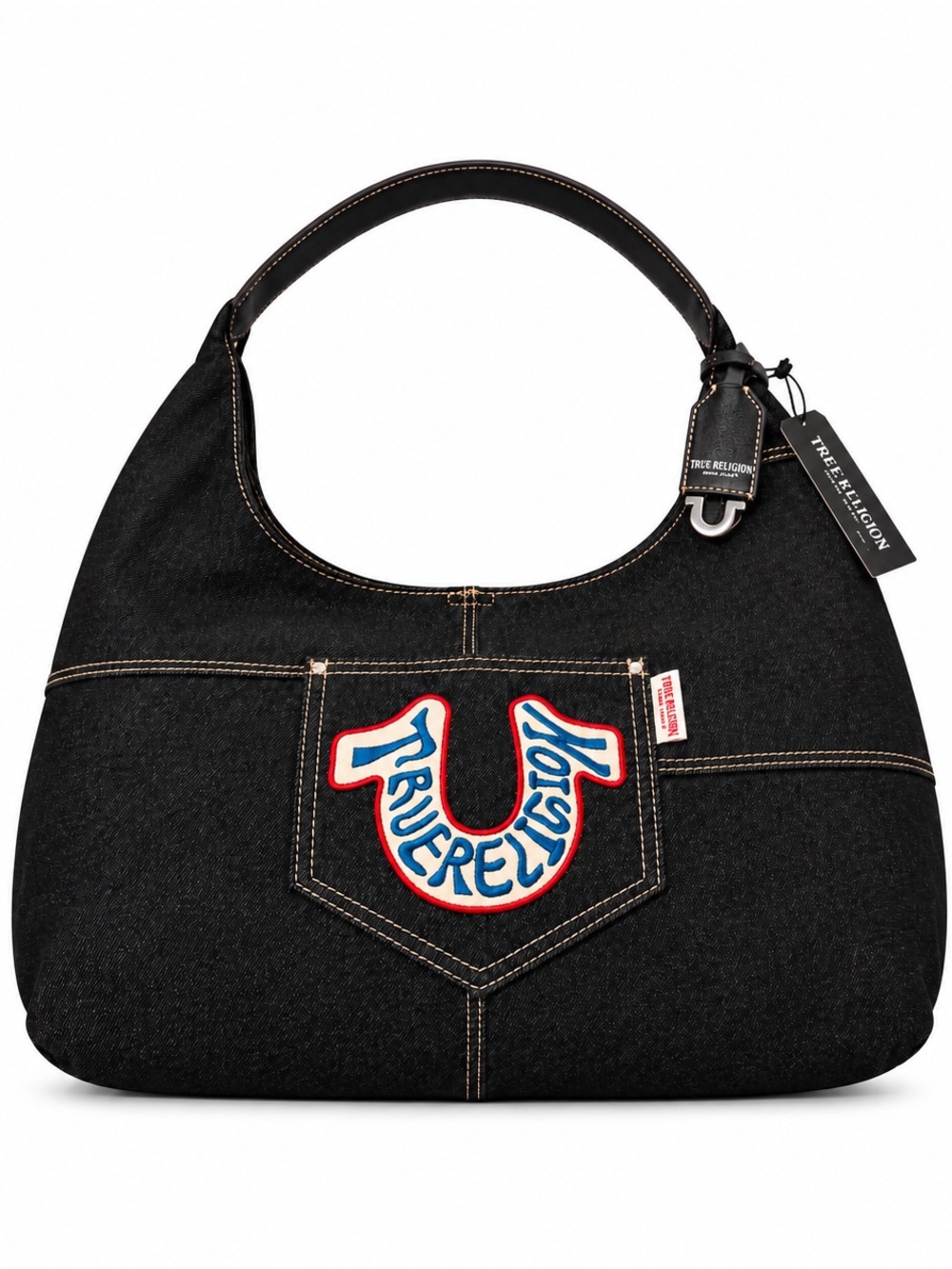 True Religion Black Denim Hobo Bag Horseshoe Logo Y2K Shoulder Purse